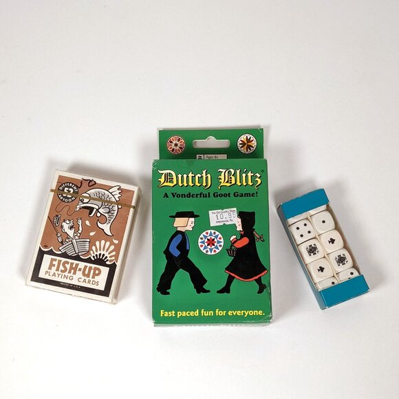 Lot of 3 Vintage games - Dutch Blitz - "FISH-UP" Card Game - MODIANO Poker Dice - Picture 1 of 3